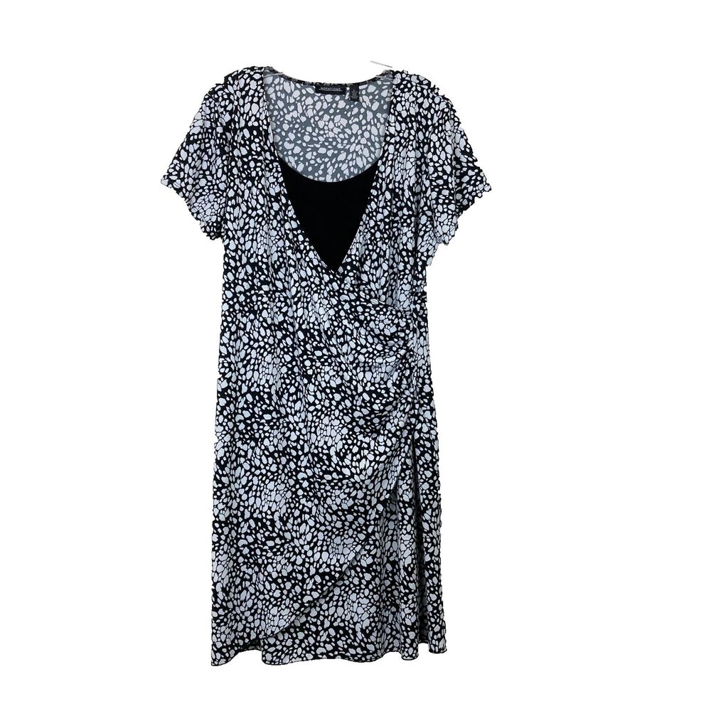 Notations A-line Faux Wrap Dress Size L Black White Geometric Stretch Office